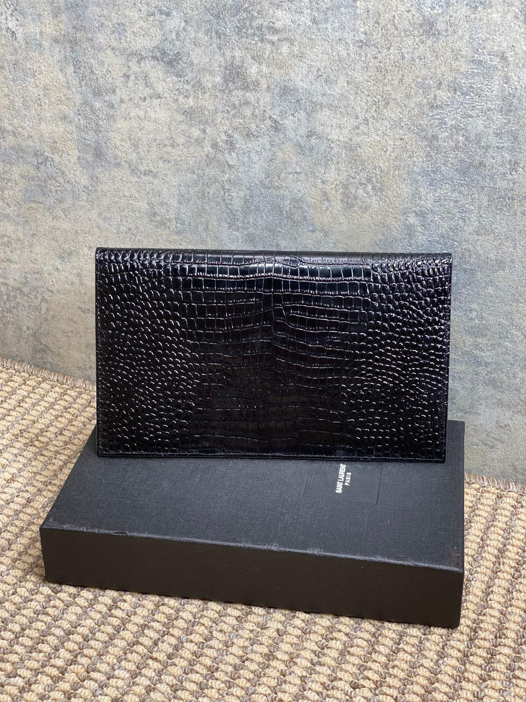 Y*S*L 22s Uptown Pouch Clutch Bag Black Croc Embossed Leather Sliver HW