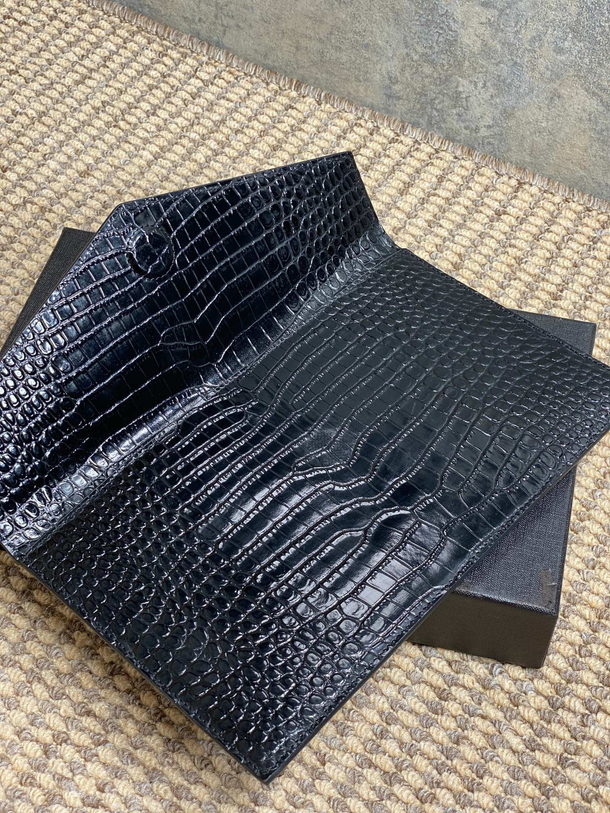 Y*S*L 22s Uptown Pouch Clutch Bag Black Croc Embossed Leather Sliver HW
