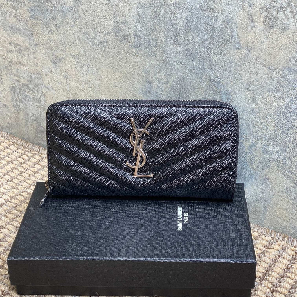Y*S*L Zippy Long Wallet Black Caviar Cowhide Sliver HW