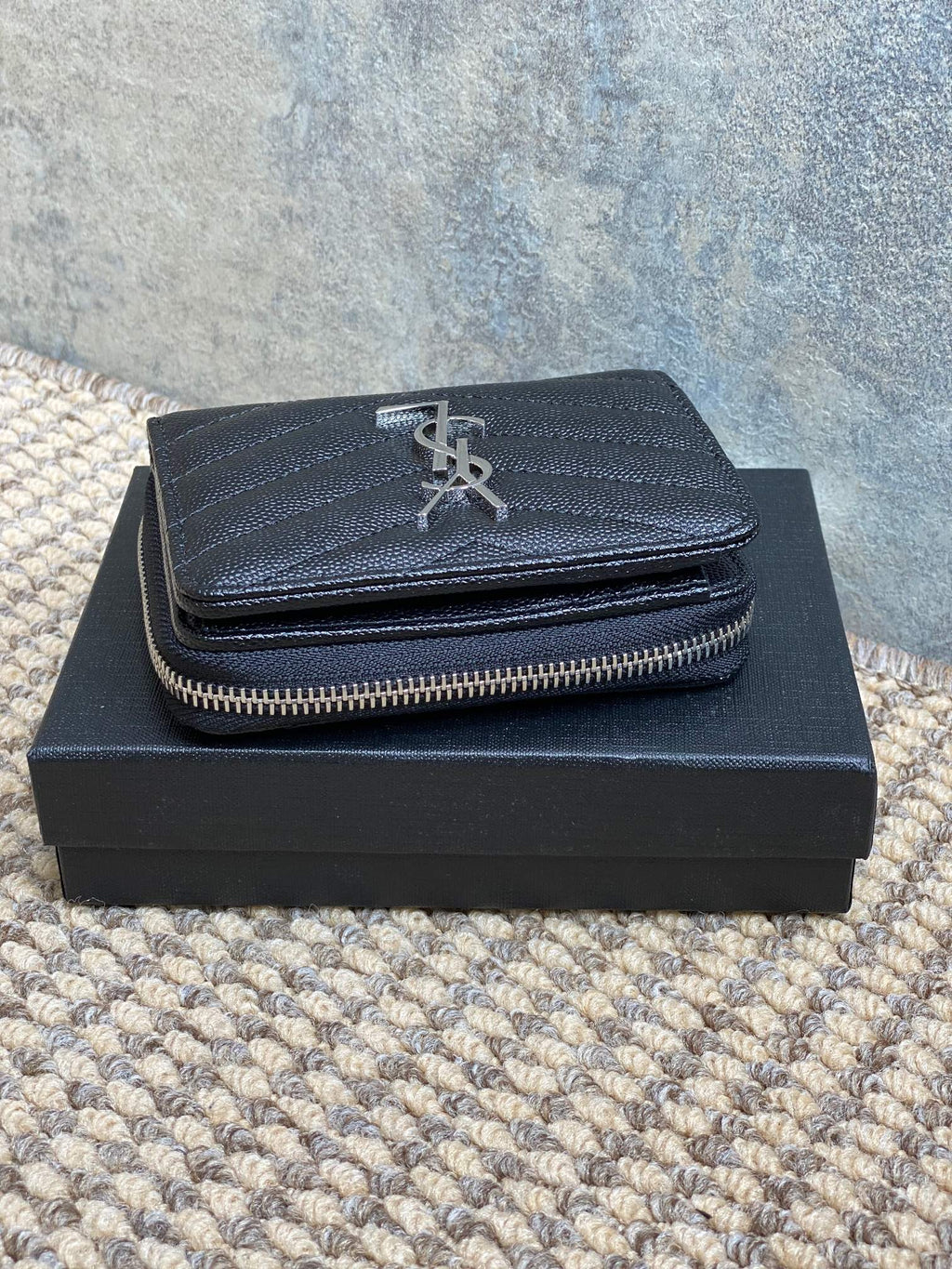 Y*S*L Cassandre Matelassé Compact Zip-Around Wallet Black Caviar Cowhide Sliver HW
