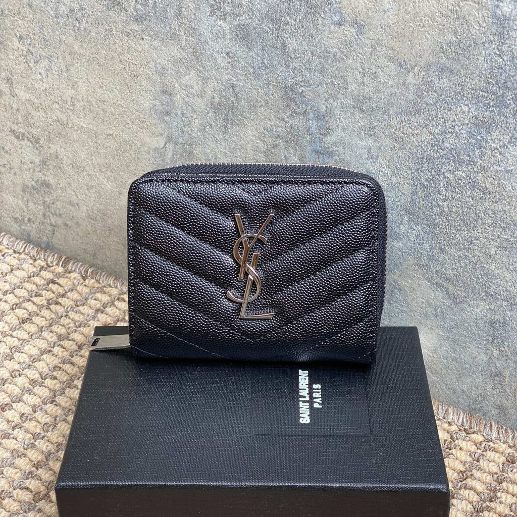 Y*S*L Cassandre Matelassé Compact Zip-Around Wallet Black Caviar Cowhide Sliver HW