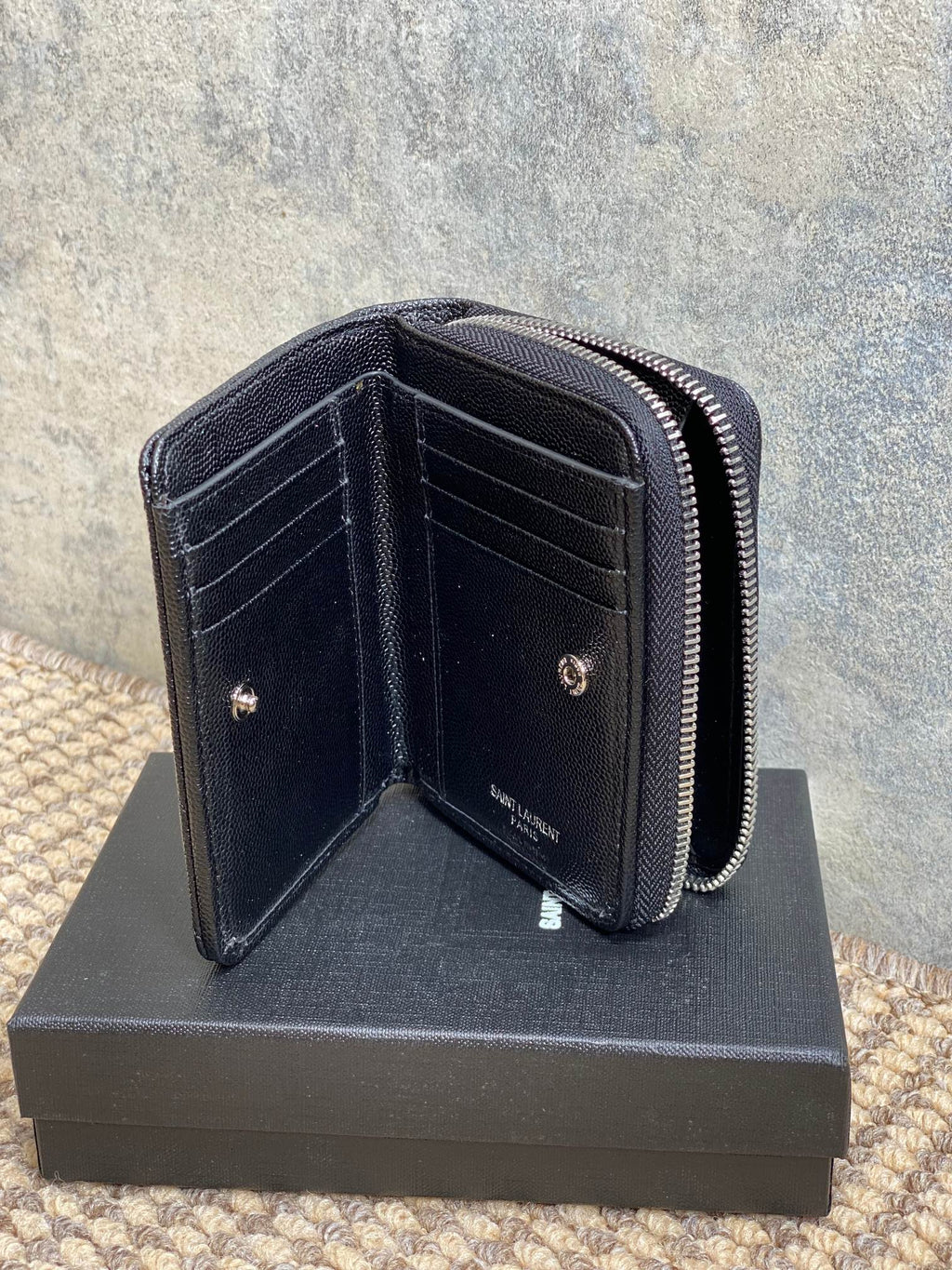 Y*S*L Cassandre Matelassé Compact Zip-Around Wallet Black Caviar Cowhide Sliver HW