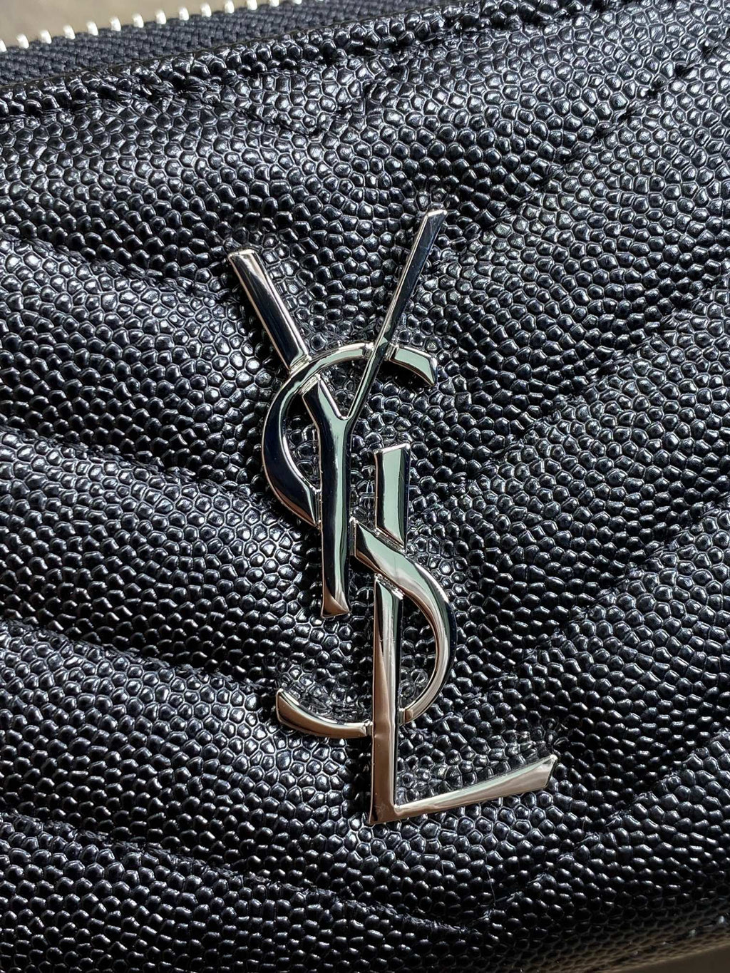 Y*S*L Cassandre Matelassé Compact Zip-Around Wallet Black Caviar Cowhide Sliver HW