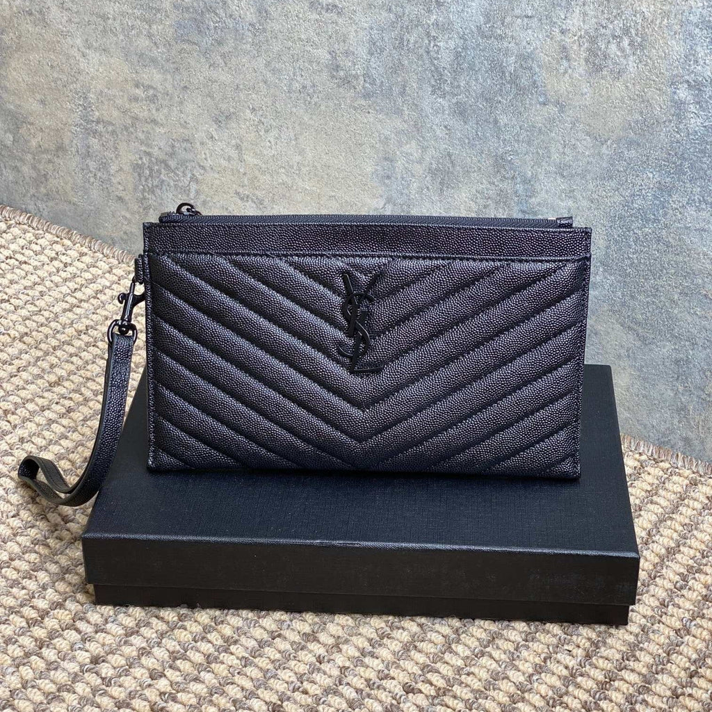 Y*S*L Black Hardware Logo Zipper Clutch 23cm Black Caviar Cowhide
