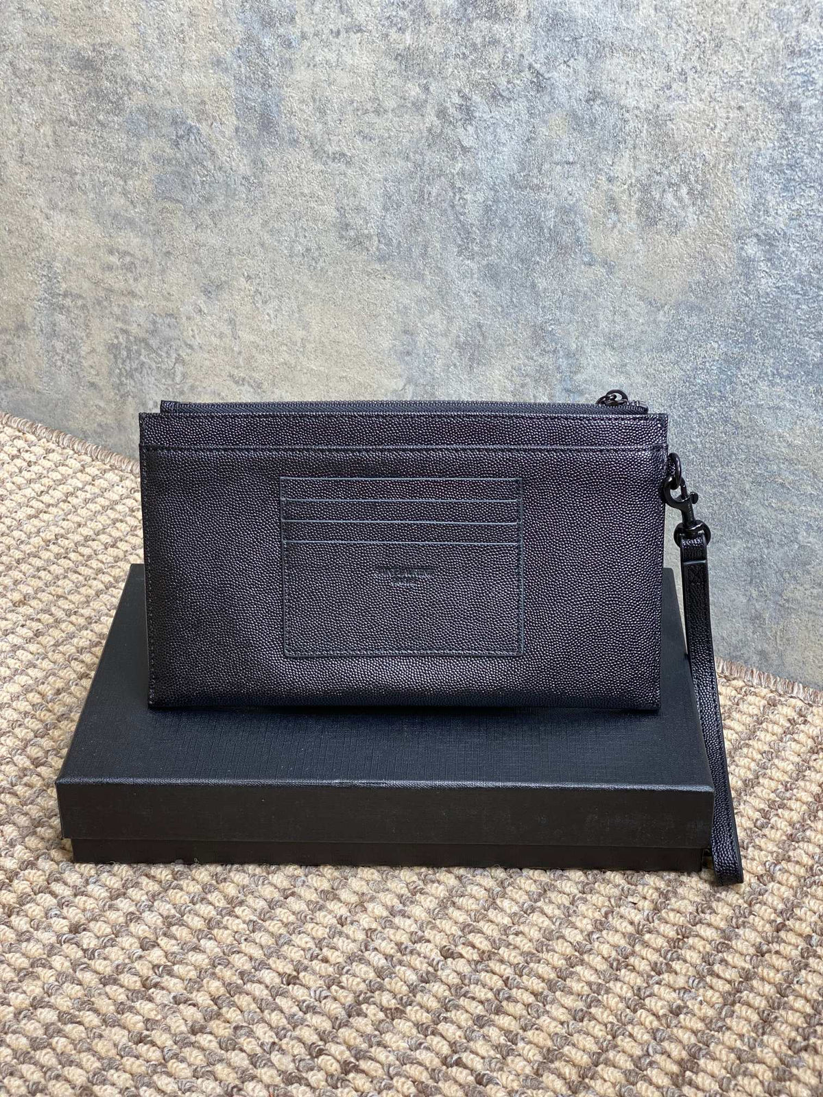 Y*S*L Black Hardware Logo Zipper Clutch 23cm Black Caviar Cowhide
