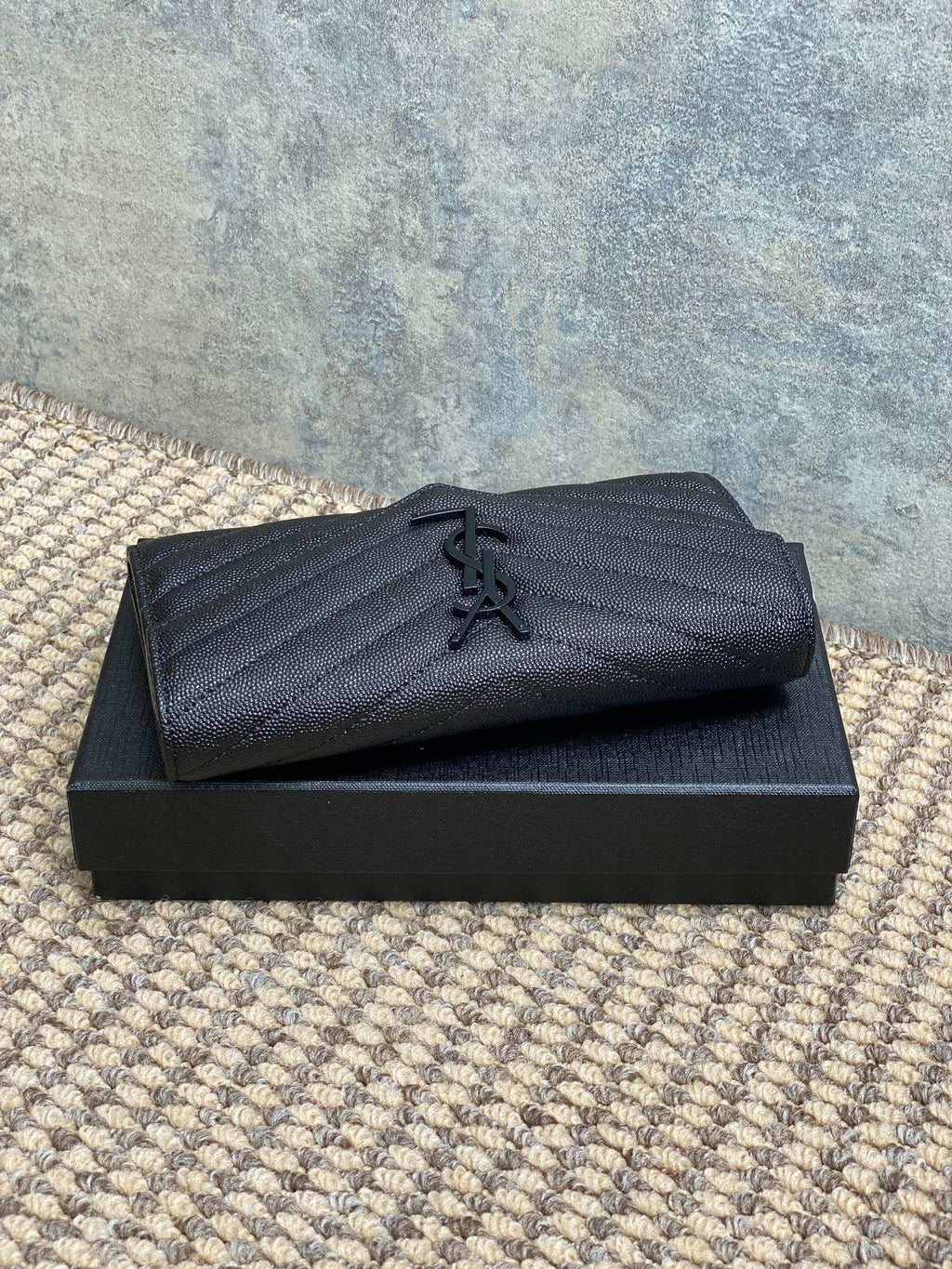 Y*S*L Cassandre Envelope Flap Wallet Full Black Caviar Cowhide