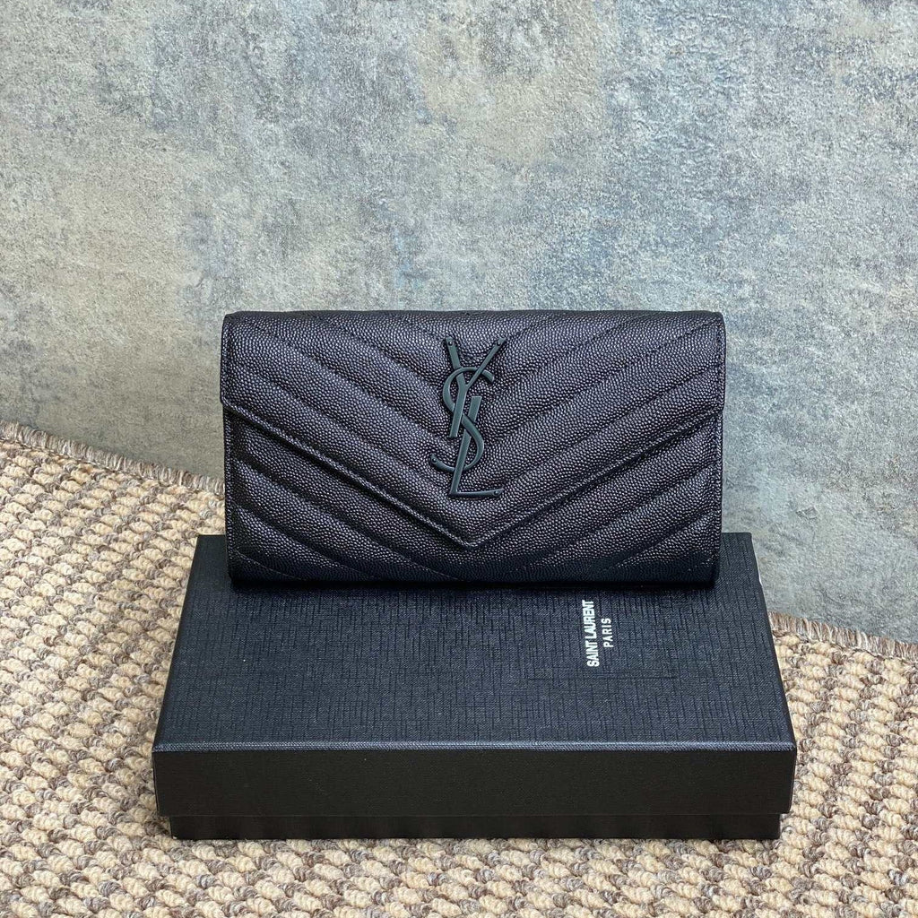 Y*S*L Cassandre Envelope Flap Wallet Full Black Caviar Cowhide