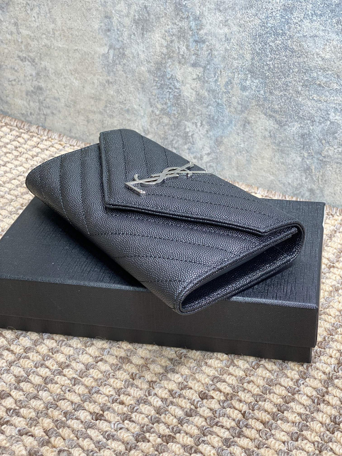Y*S*L Cassandre Envelope Flap Wallet Black Caviar Cowhide Sliver HW