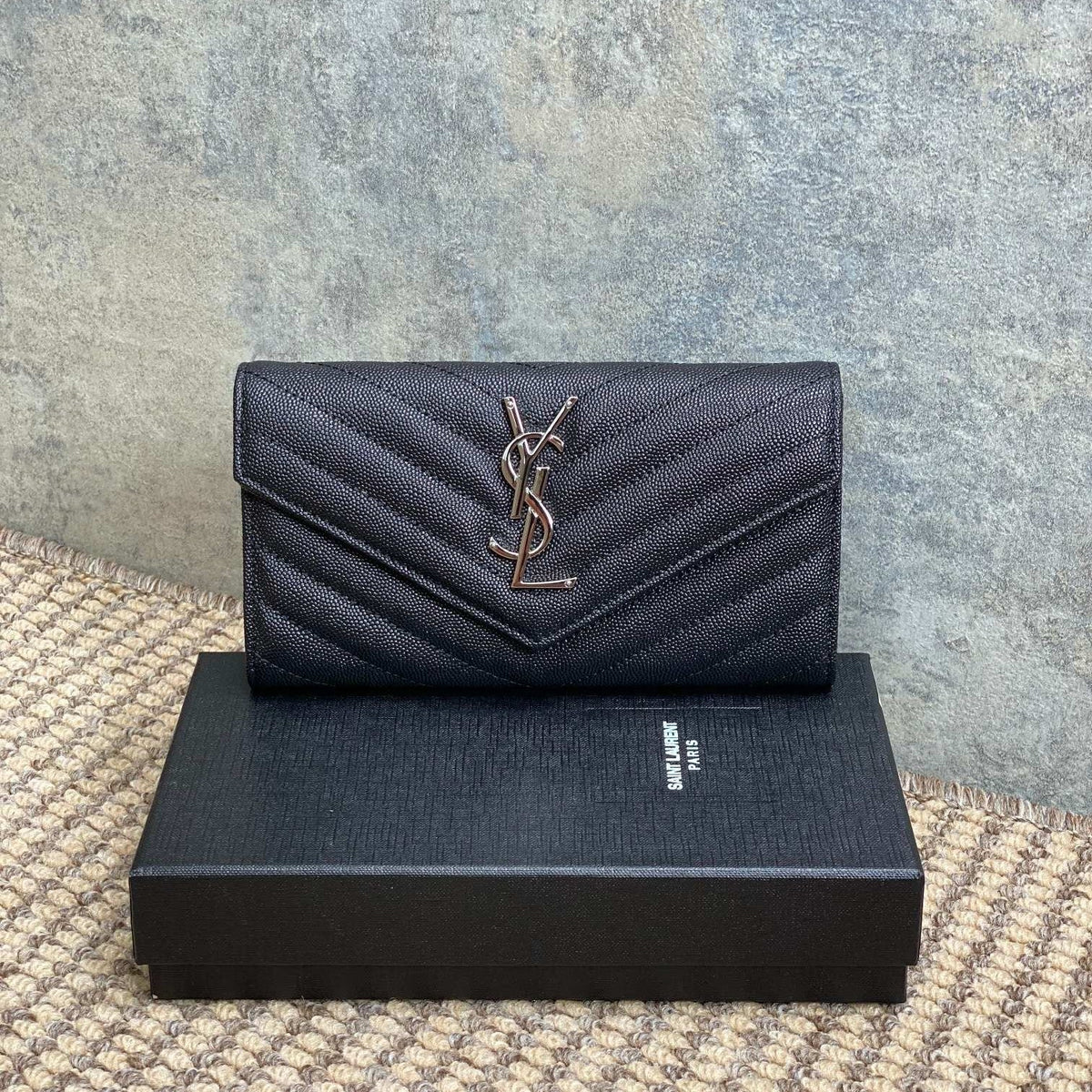 Y*S*L Cassandre Envelope Flap Wallet Black Caviar Cowhide Sliver HW