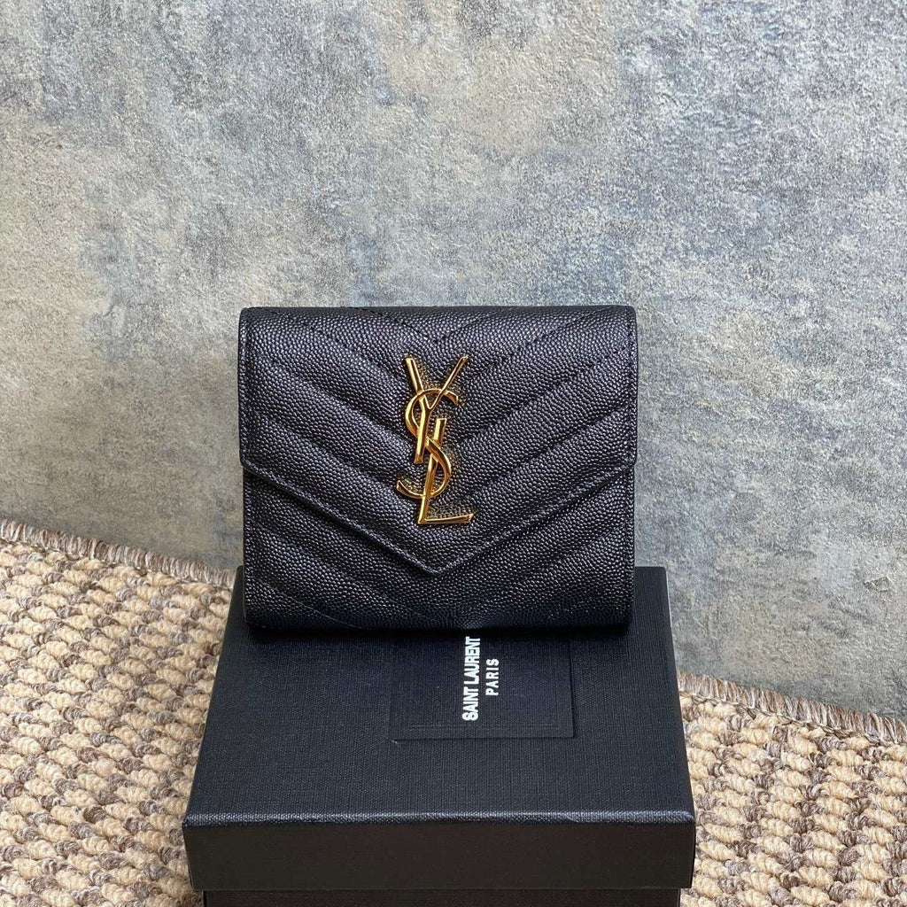 Y*S*L Compact Flap Cassendre Wallet 10cm Black Leather GHW