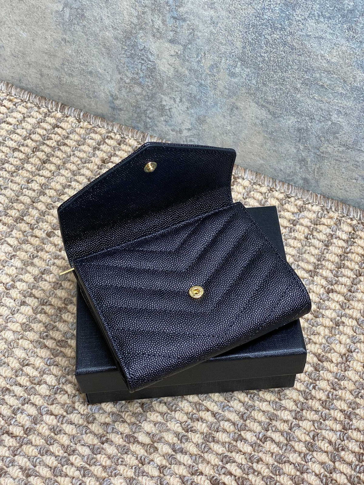 Y*S*L Compact Flap Cassendre Wallet 10cm Black Leather GHW