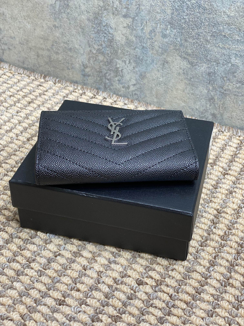 Y*S*L Monogram Wallet Wallet 13cm Black Caviar Cowhide Sliver HW