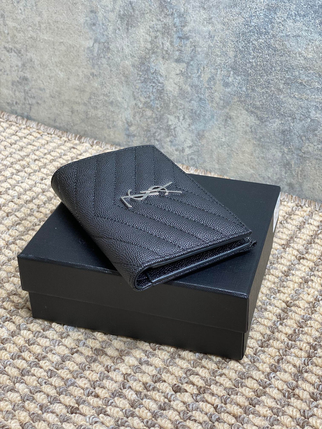 Y*S*L Monogram Wallet Wallet 13cm Black Caviar Cowhide Sliver HW