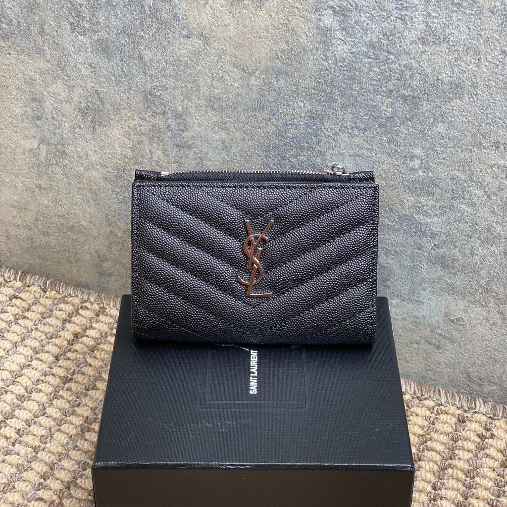 Y*S*L Monogram Wallet Wallet 13cm Black Caviar Cowhide Sliver HW