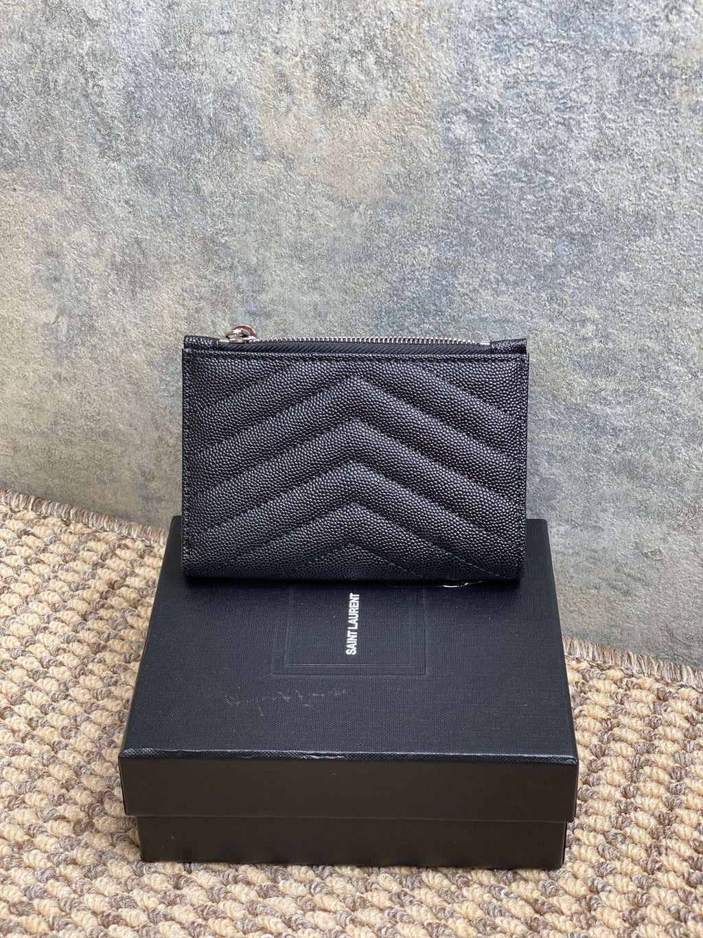 Y*S*L Monogram Wallet Wallet 13cm Black Caviar Cowhide Sliver HW