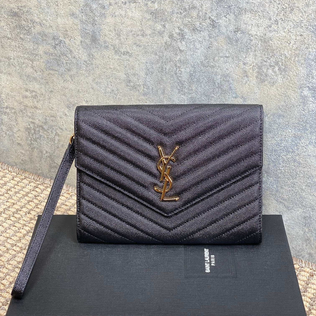Y*S*L Gold Hardware Logo Clutch Caviar Cowhide