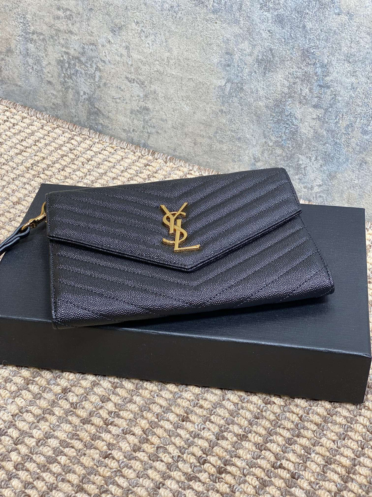 Y*S*L Gold Hardware Logo Clutch Caviar Cowhide