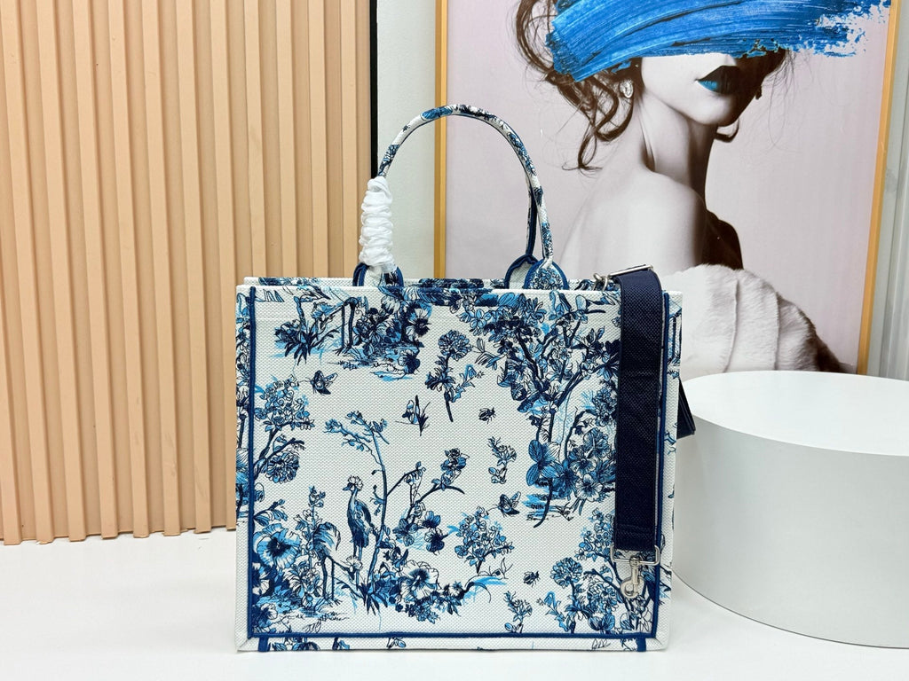 C*D Book Tote Strap Toile De Jouy Floral Garden Canvas