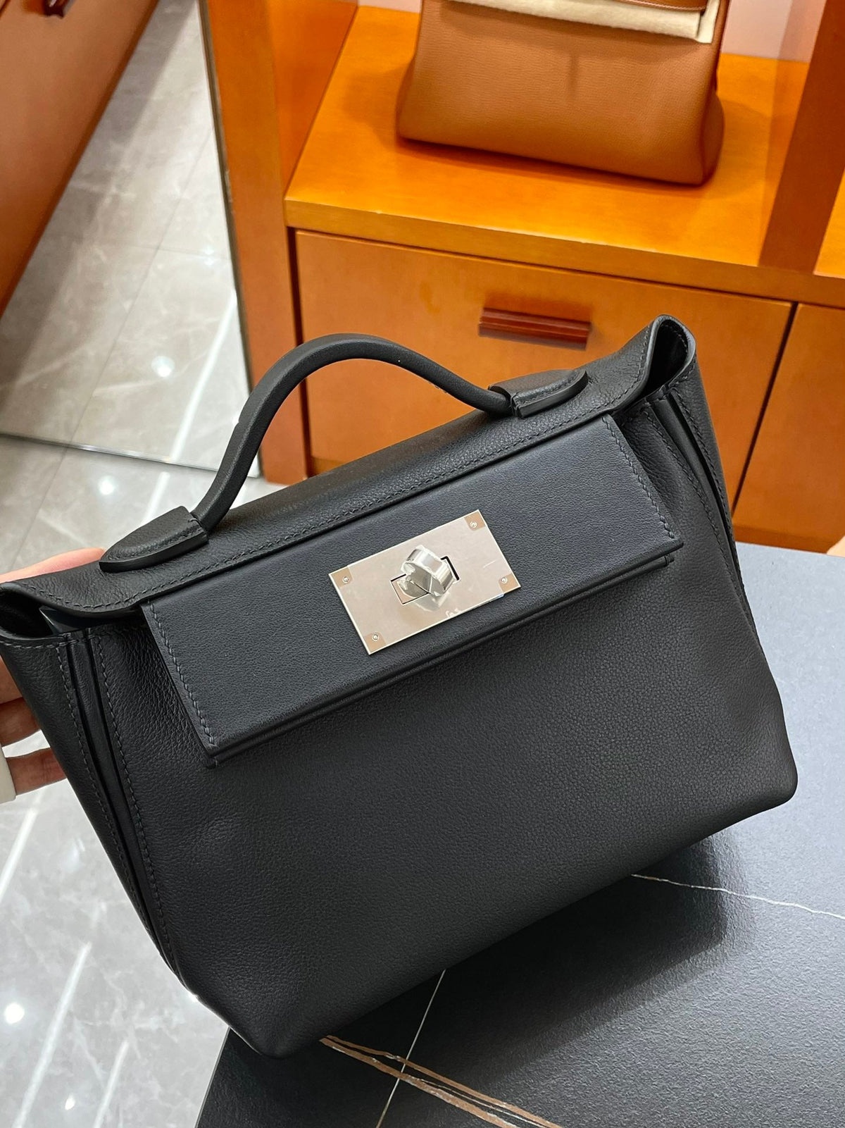 H*M Mini 24 Sur 24 Bag 21cm Black Swift Cowhide Silver Hardware