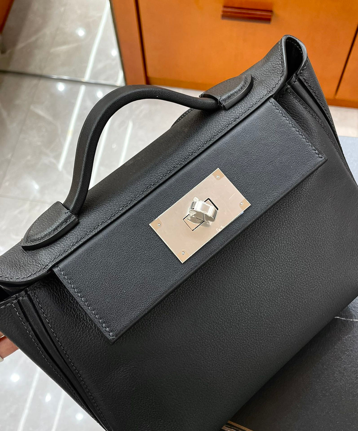 H*M Mini 24 Sur 24 Bag 21cm Black Swift Cowhide Silver Hardware