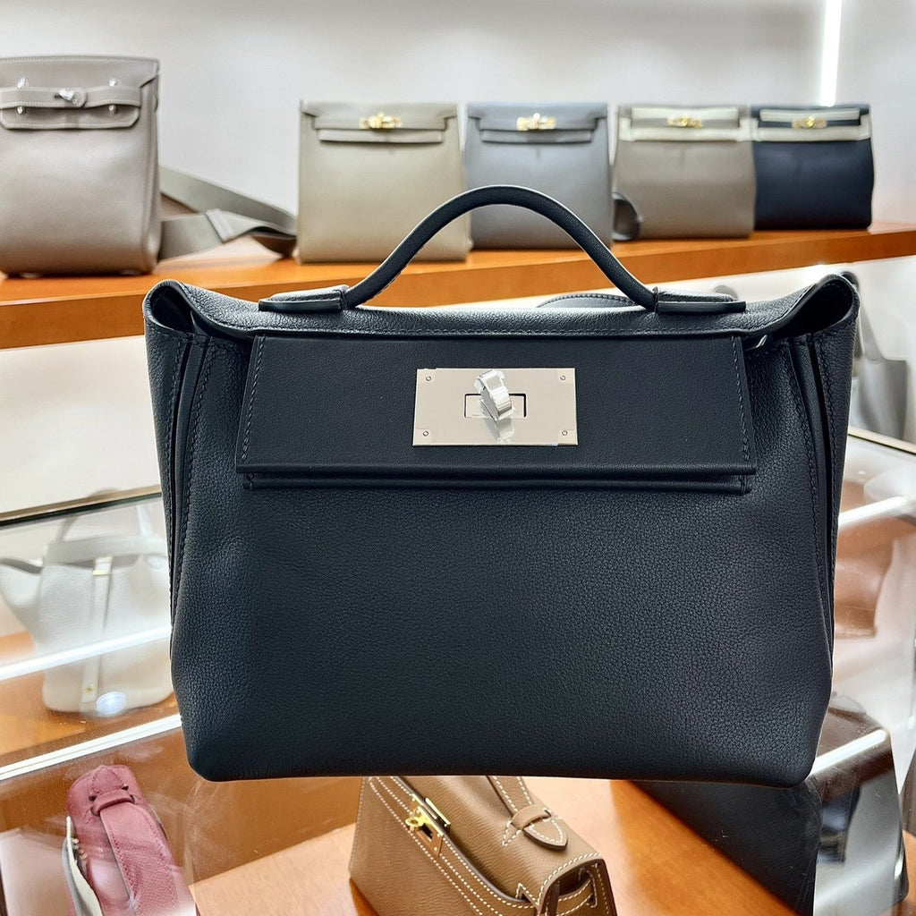 H*M Mini 24 Sur 24 Bag 21cm Black Swift Cowhide Silver Hardware
