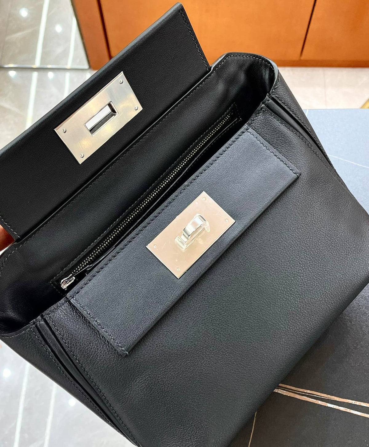 H*M Mini 24 Sur 24 Bag 21cm Black Swift Cowhide Silver Hardware