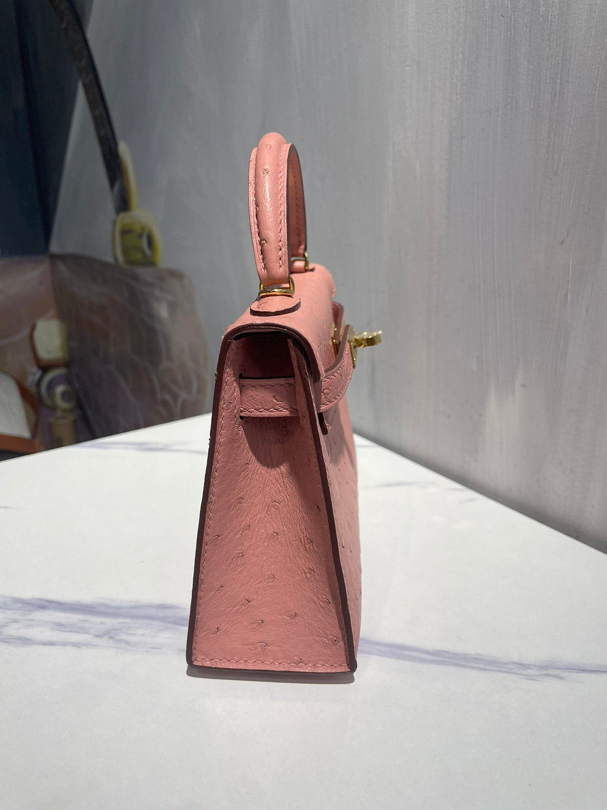 H*rmes Kelly 19 Sellier Muted Pink Ostrich Leather Bag Sliver Hardware (need 25 day to produce)
