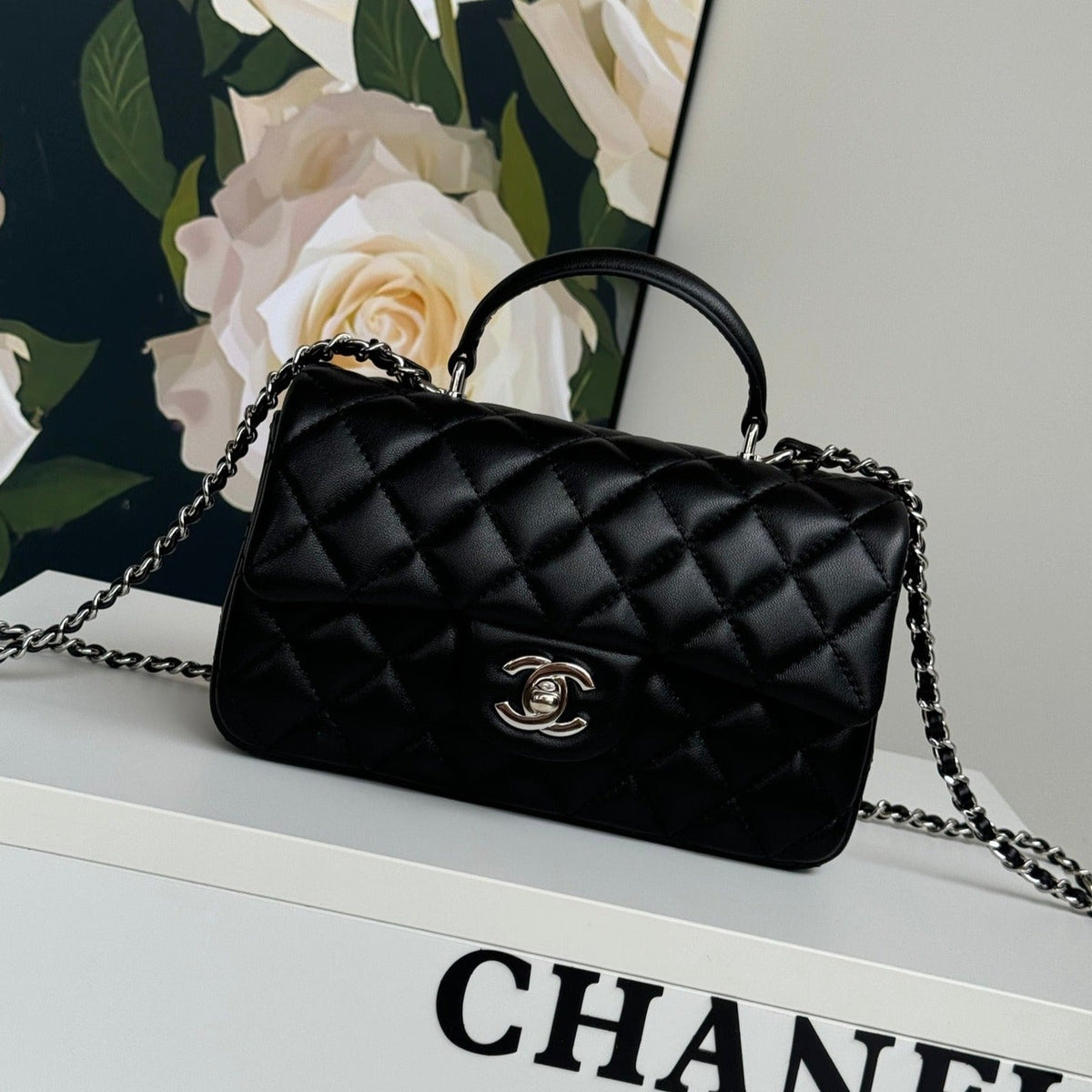24C FLAP BAG TOP HANDLE CALFSKIN SILVER HARDWARE