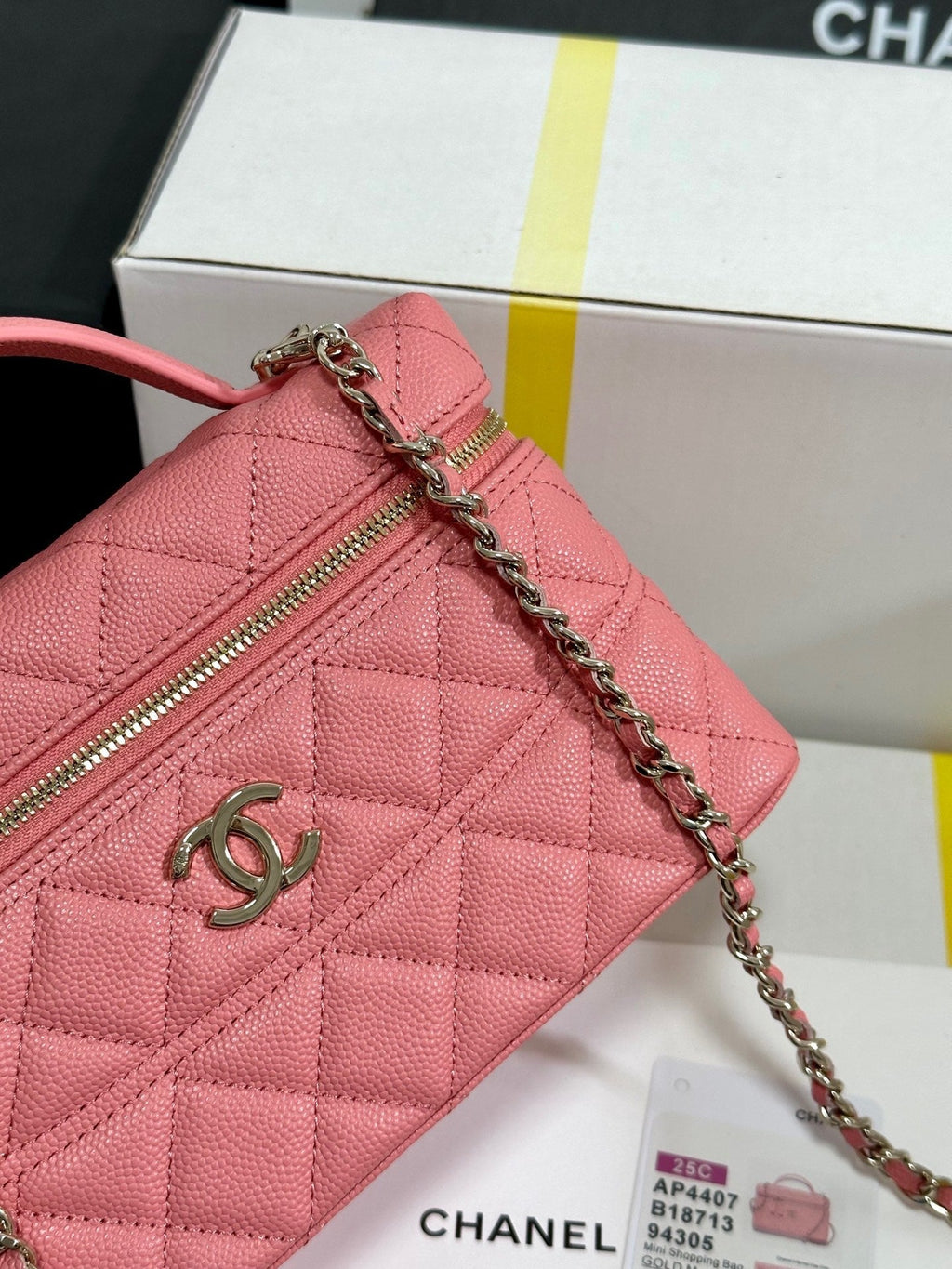 C*C 25C Vanity Case 19.5cm Salmon Pink Calfskin Silver Hardware