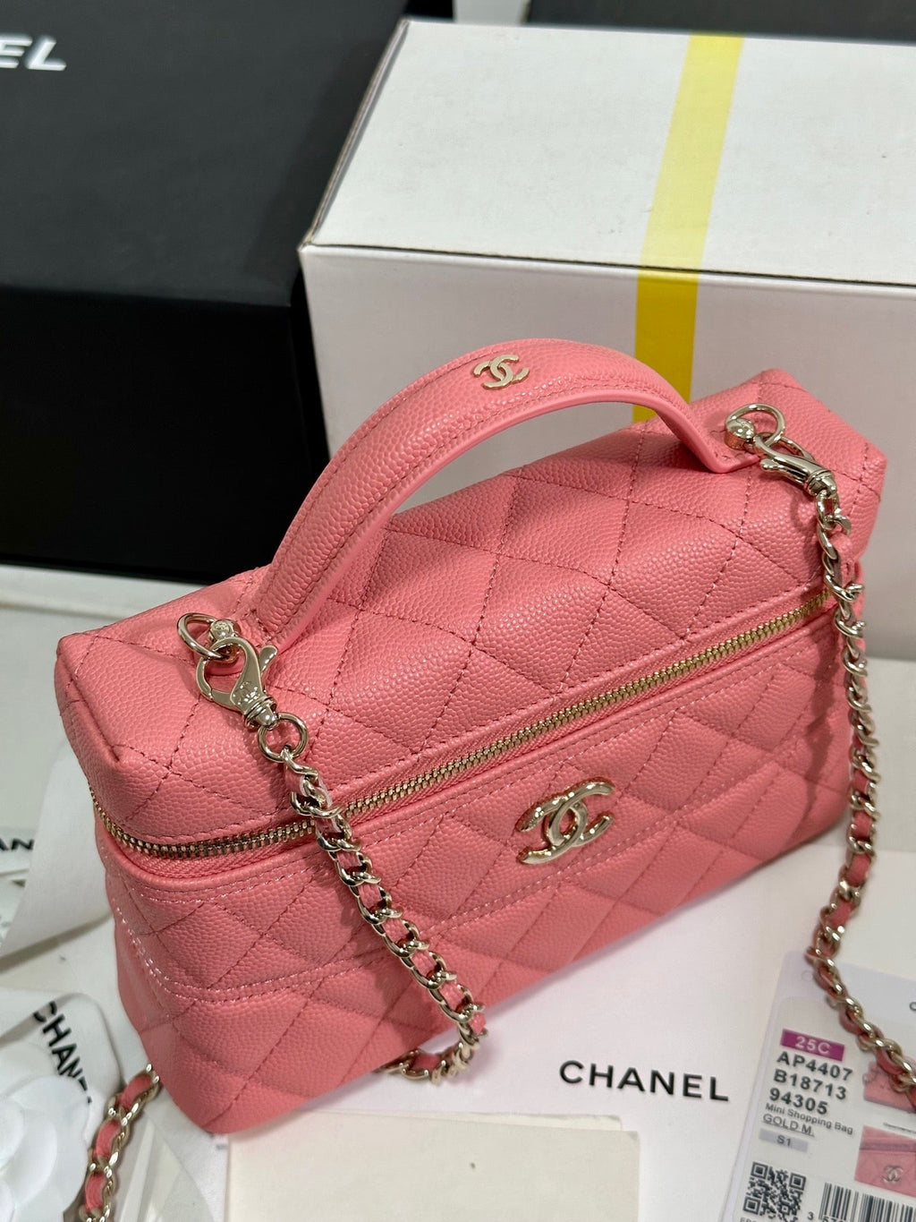 C*C 25C Vanity Case 19.5cm Salmon Pink Calfskin Silver Hardware