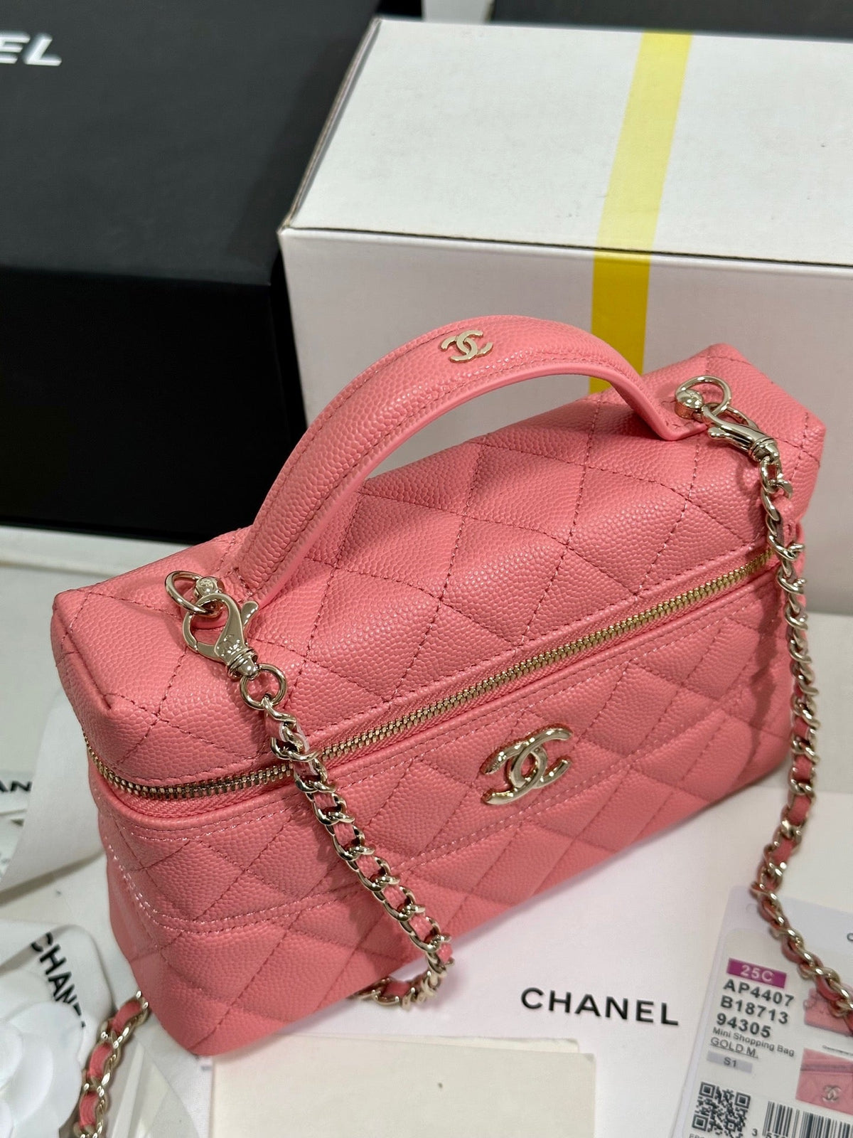 C*C 25C Vanity Case 19.5cm Salmon Pink Calfskin Silver Hardware