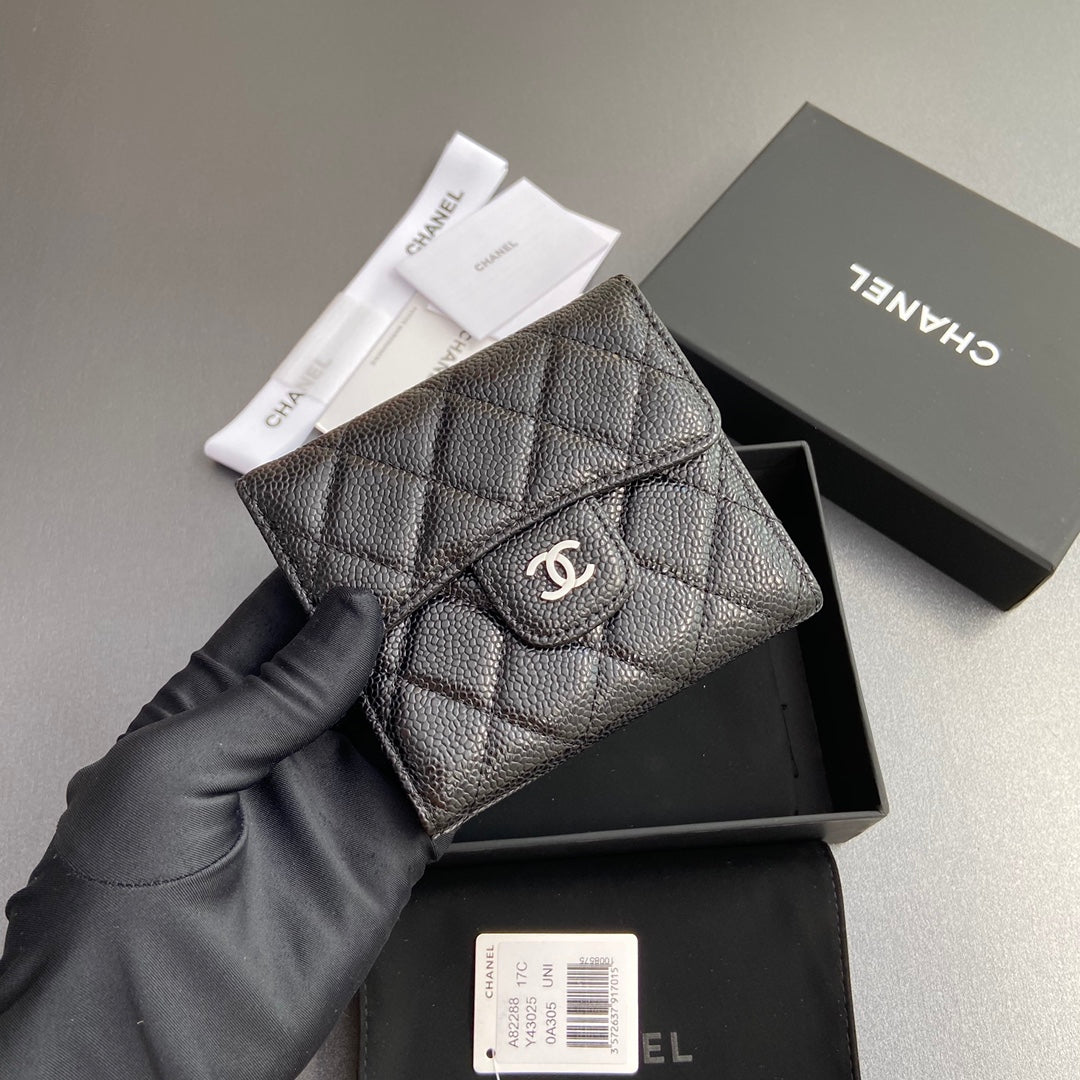 C*C 82288 Classic Flap Wallet Black Caviar Polished Silver