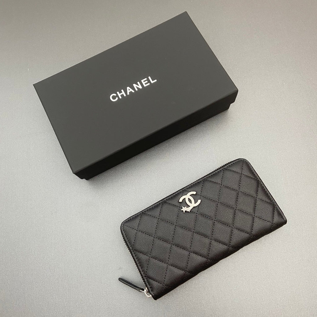 Ch*nel 25 Long Zipped Wallet Star Logo Grained Calfskin