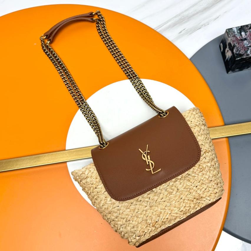 Y*S*L SMALL 23CM MANON BEIGE RAFFIA TAN CALFSKIN