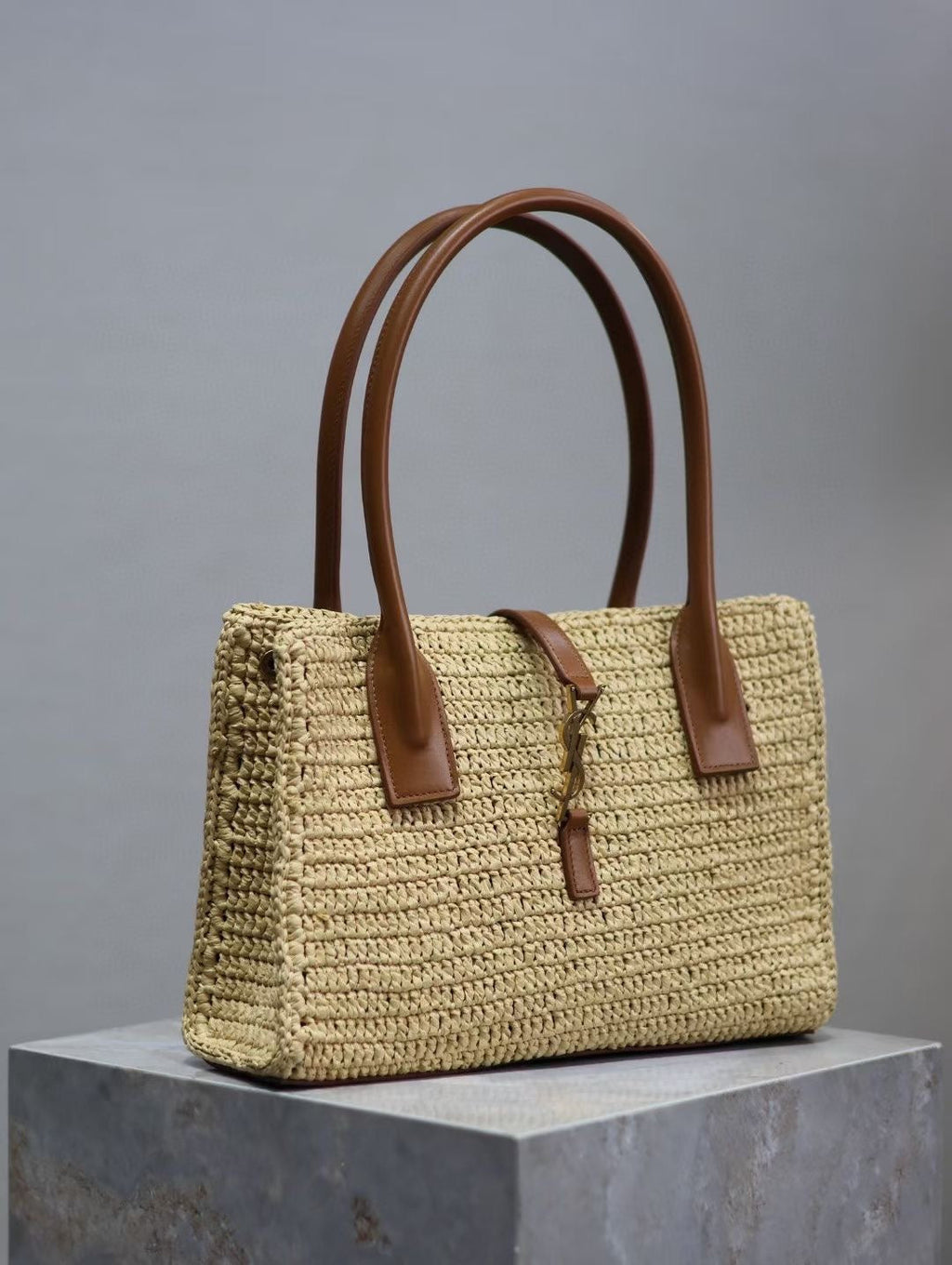 Y*S*L TOTE BAG 29CM PANIER LEATHER TRIMMED RAFFIA