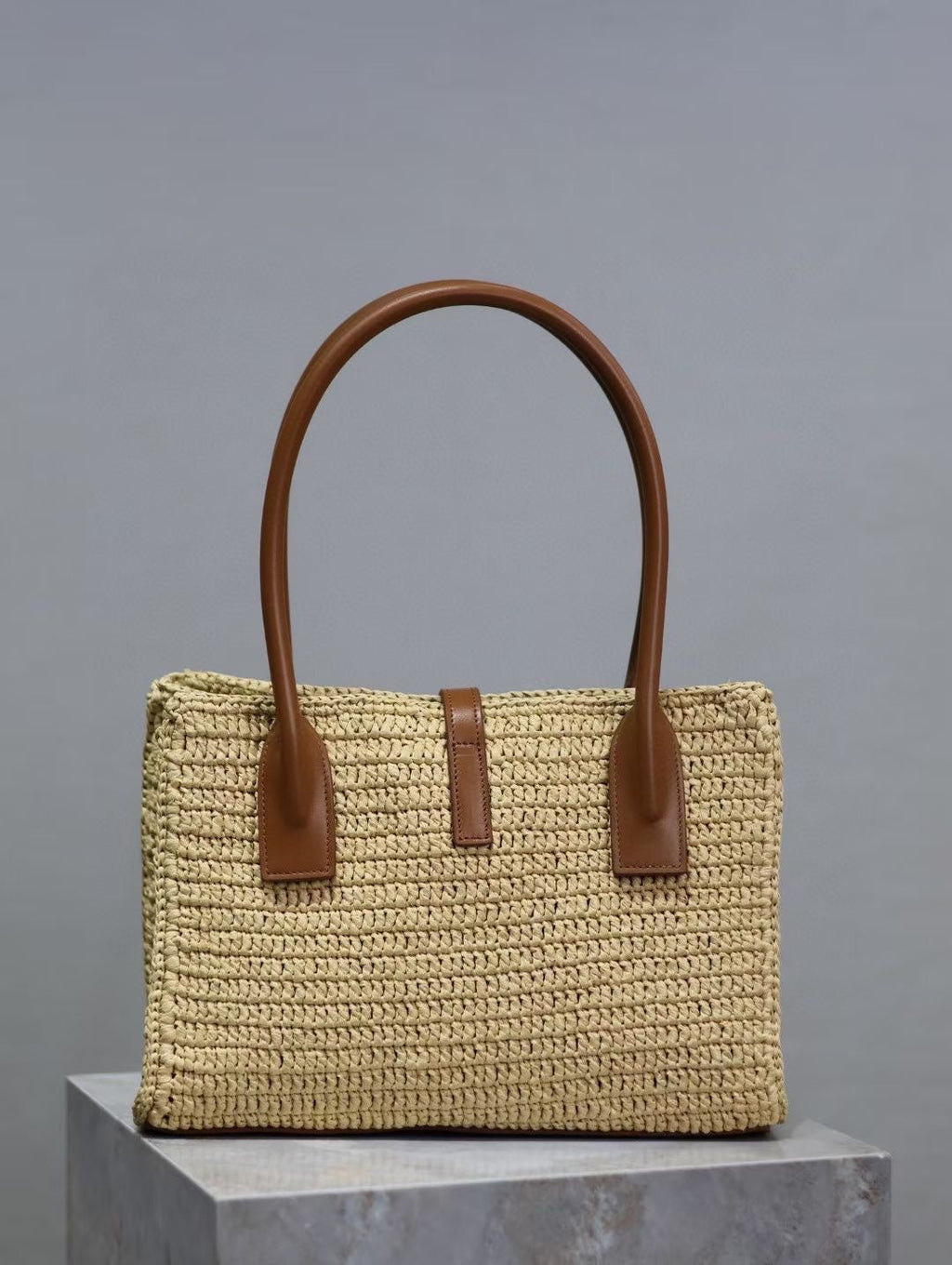 Y*S*L TOTE BAG 29CM PANIER LEATHER TRIMMED RAFFIA