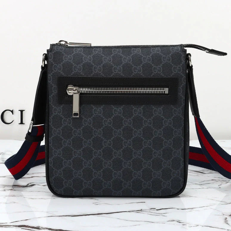 G*G 2026 Flatpack Small Messenger Bag 24cm Black Dark Gray Canvas Leather