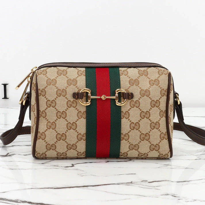 G*G 2026 Horsebit Web Camera Bag 22cm Sand mix Brown Canvas Leather