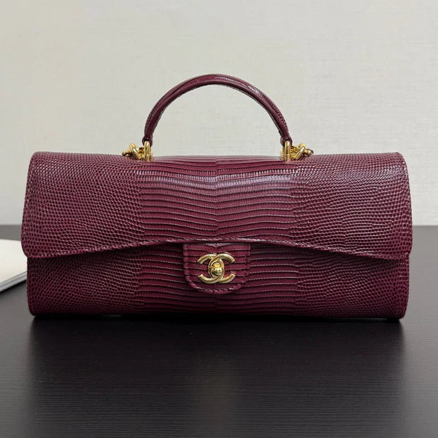 C*C 2026 Clutch With Chain 25cm Burgundy Lizard-embossed Calfskin
