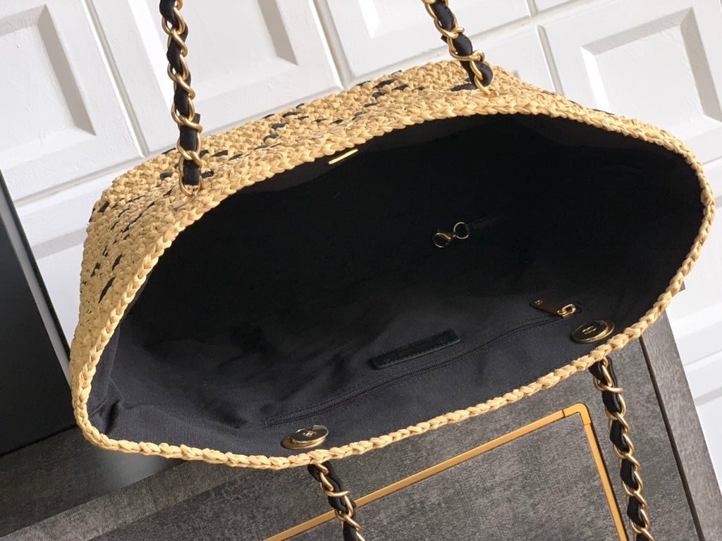 C*C Braided Shopping Bag Double C logo Beige Black Raffia