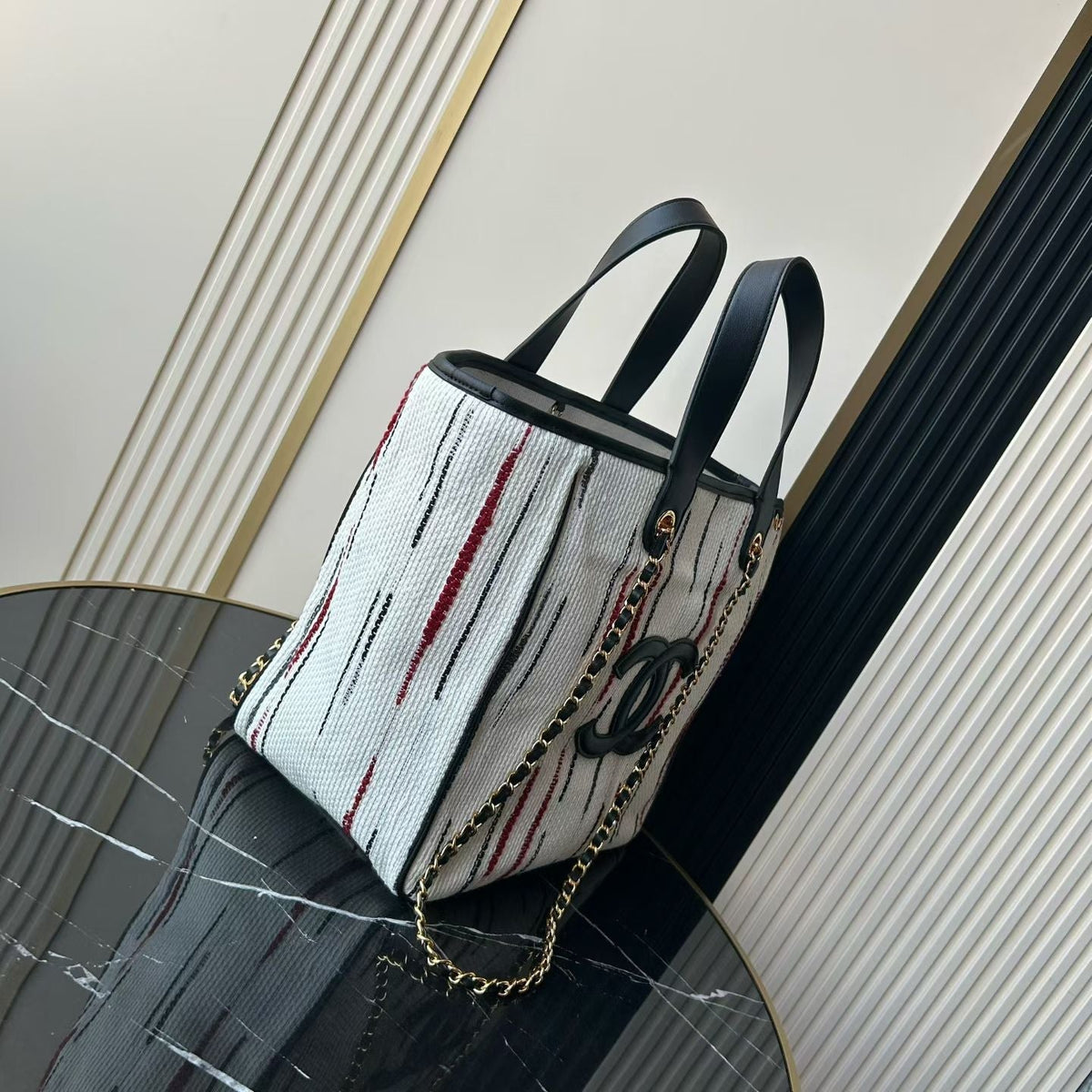 Ch*nel 2026 Double C Tote Bag 36cm Black White Canvas Leather