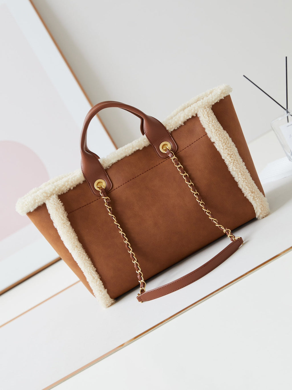 C*C Shopping Bag 32cm Brown Beige Sherling Lambskin