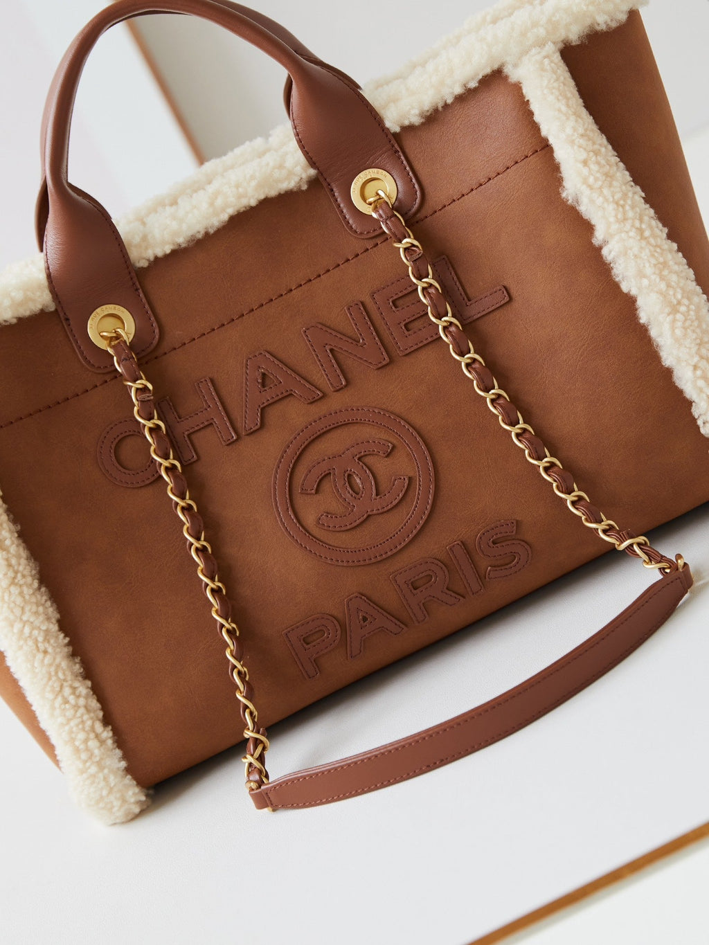 C*C Shopping Bag 32cm Brown Beige Sherling Lambskin