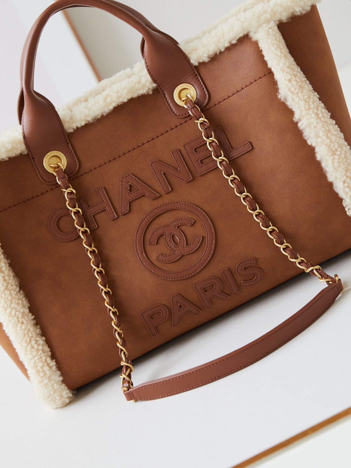 C*C Shopping Bag 32cm Brown Beige Sherling Lambskin