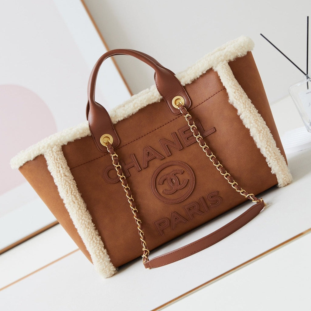 C*C Shopping Bag 32cm Brown Beige Sherling Lambskin