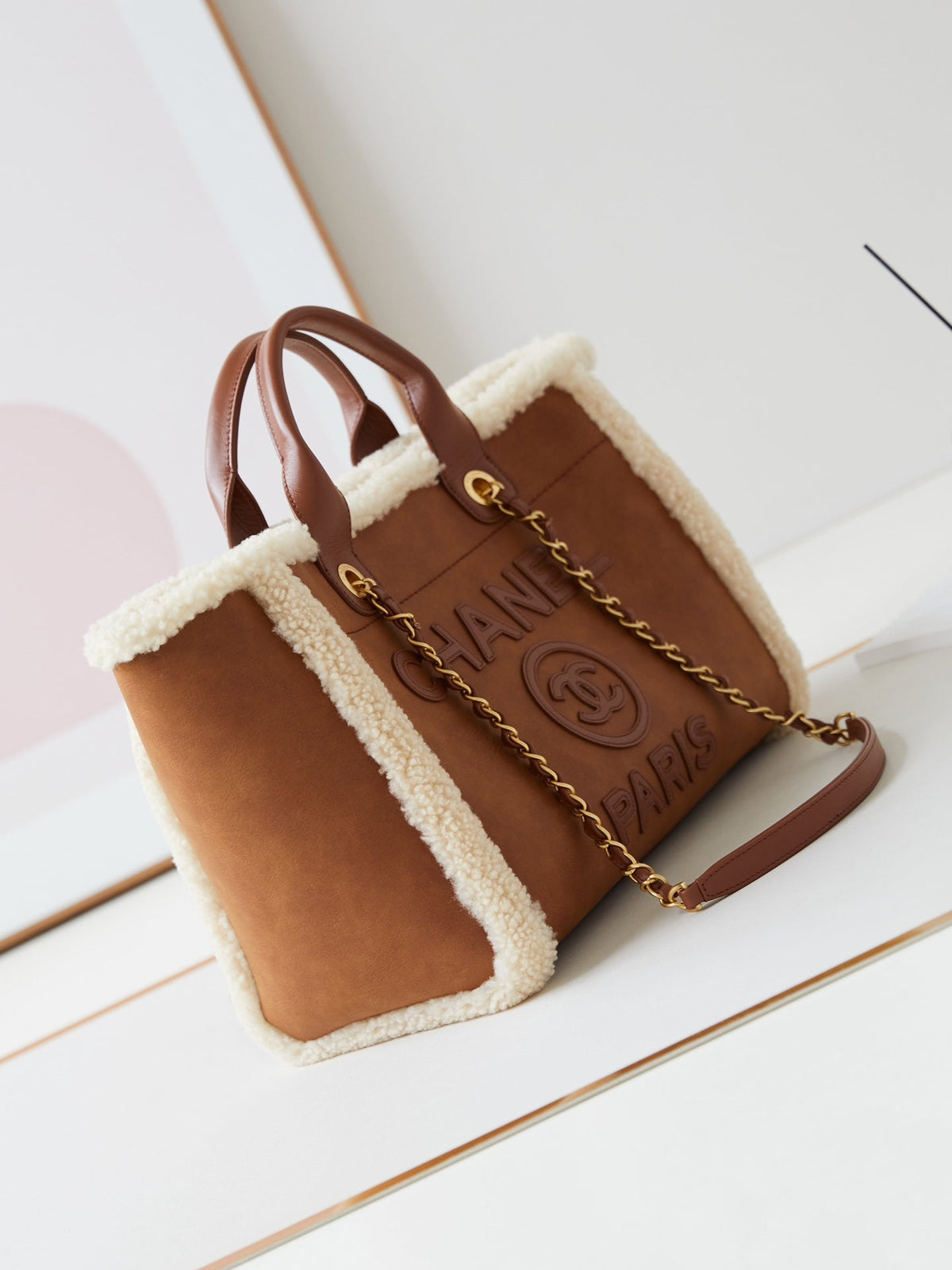 C*C Shopping Bag 32cm Brown Beige Sherling Lambskin