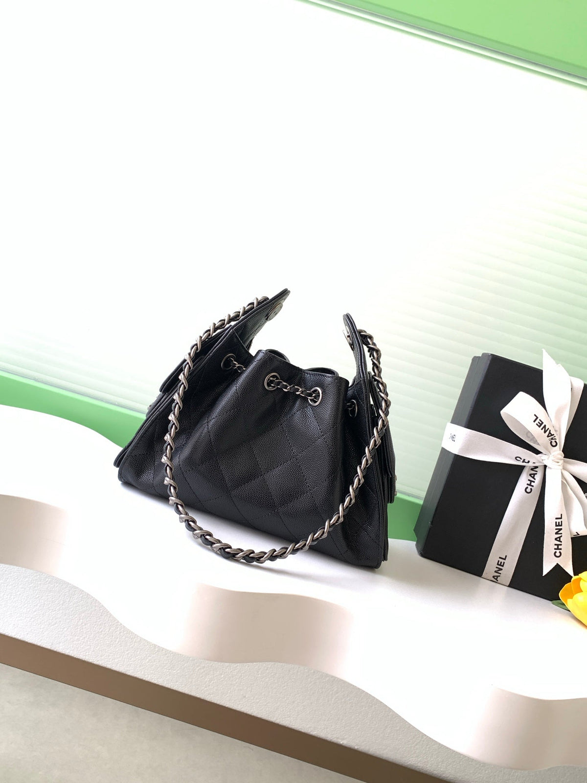 Ch*nel 25S Hobo Bag 22 in Black Caviar Leather