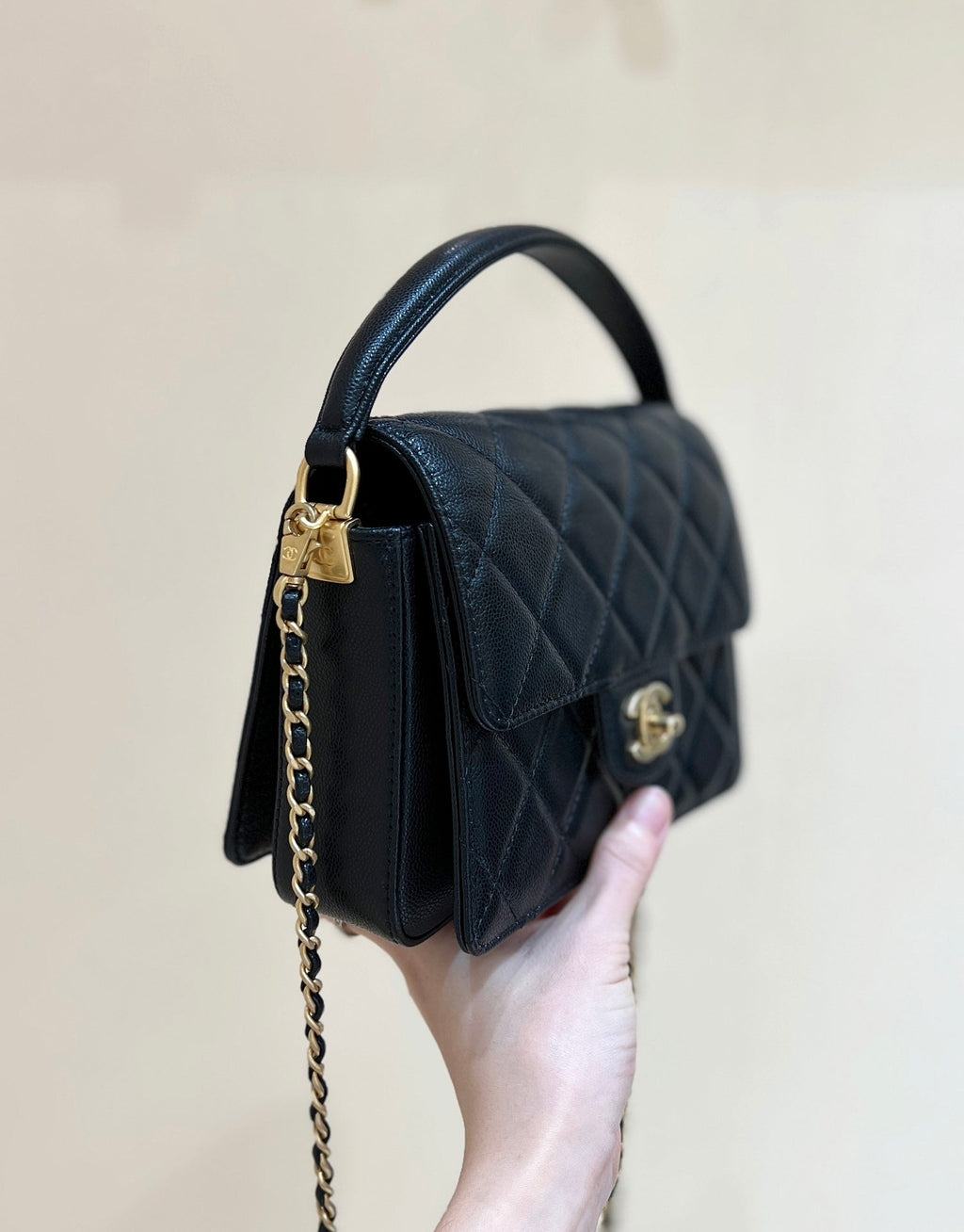 Ch*nel 24K Handle Flap Bag Black Calfskin Leather