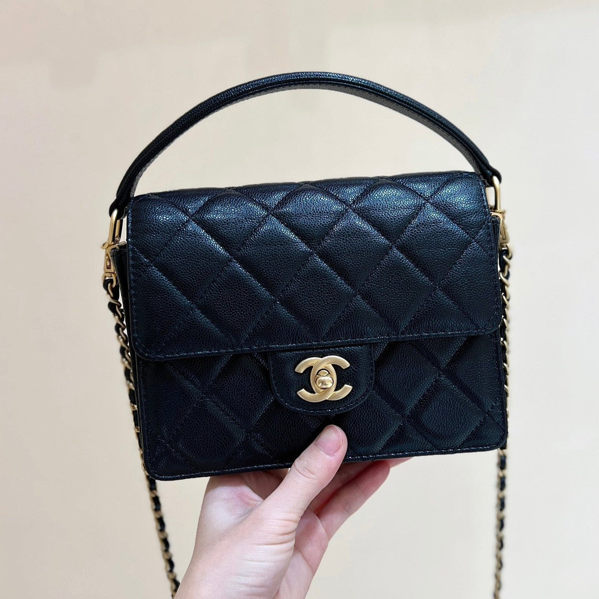 Ch*nel 24K Handle Flap Bag Black Calfskin Leather