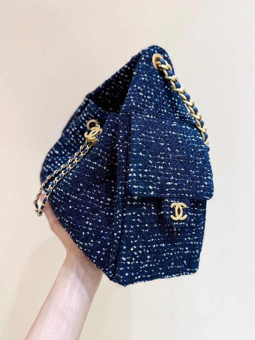 C*C 25s Hobo Bag 30cm Dark Blue Tweed Wool
